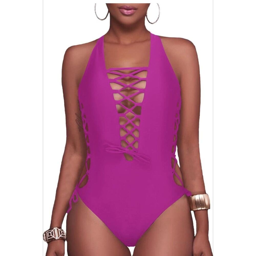Holipick One Piece Bathing Suit Small Lace Up Plunge Neck Tie Up Hot Pink NWT